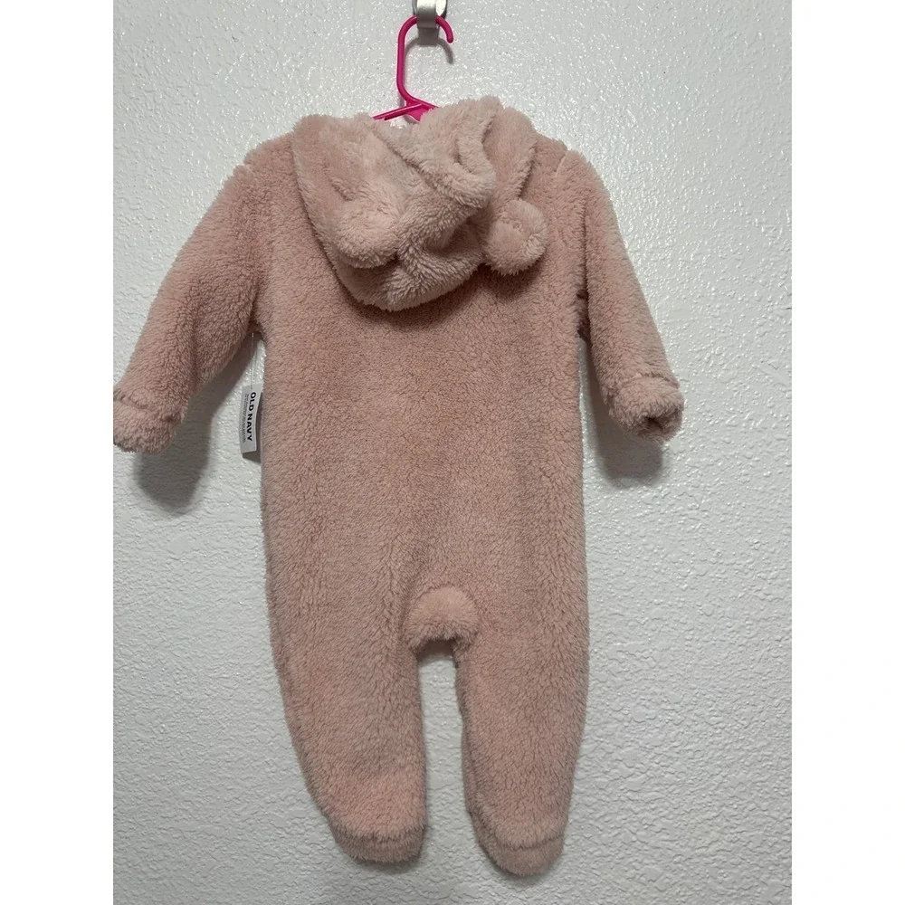 NWT Old Navy Baby Girls Pink Fuzzy Bear Hood Footie  12-18M